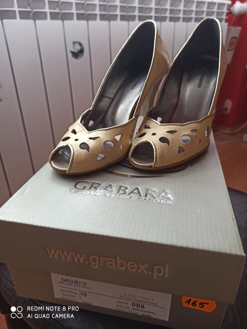 Buty skórzane szpilki Grabex r. 35 beż złoto