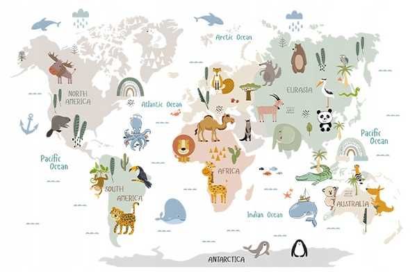 Naklejki na ścianę do pokoju dziecka Mapa Świata ze zwierzątkami