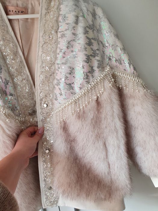 Eko futerko futro bomberka beżowa premium kamienie