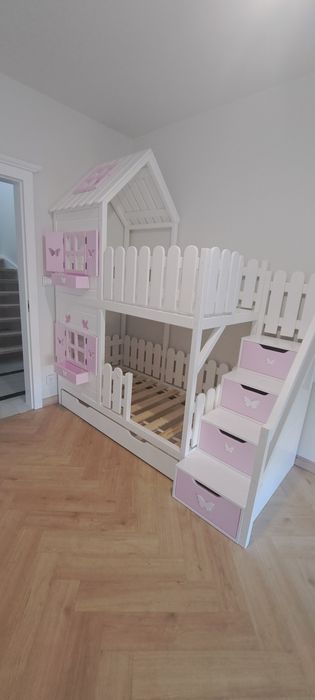 Łóżeczko domek drewniany łóżko piętrowe 80x160