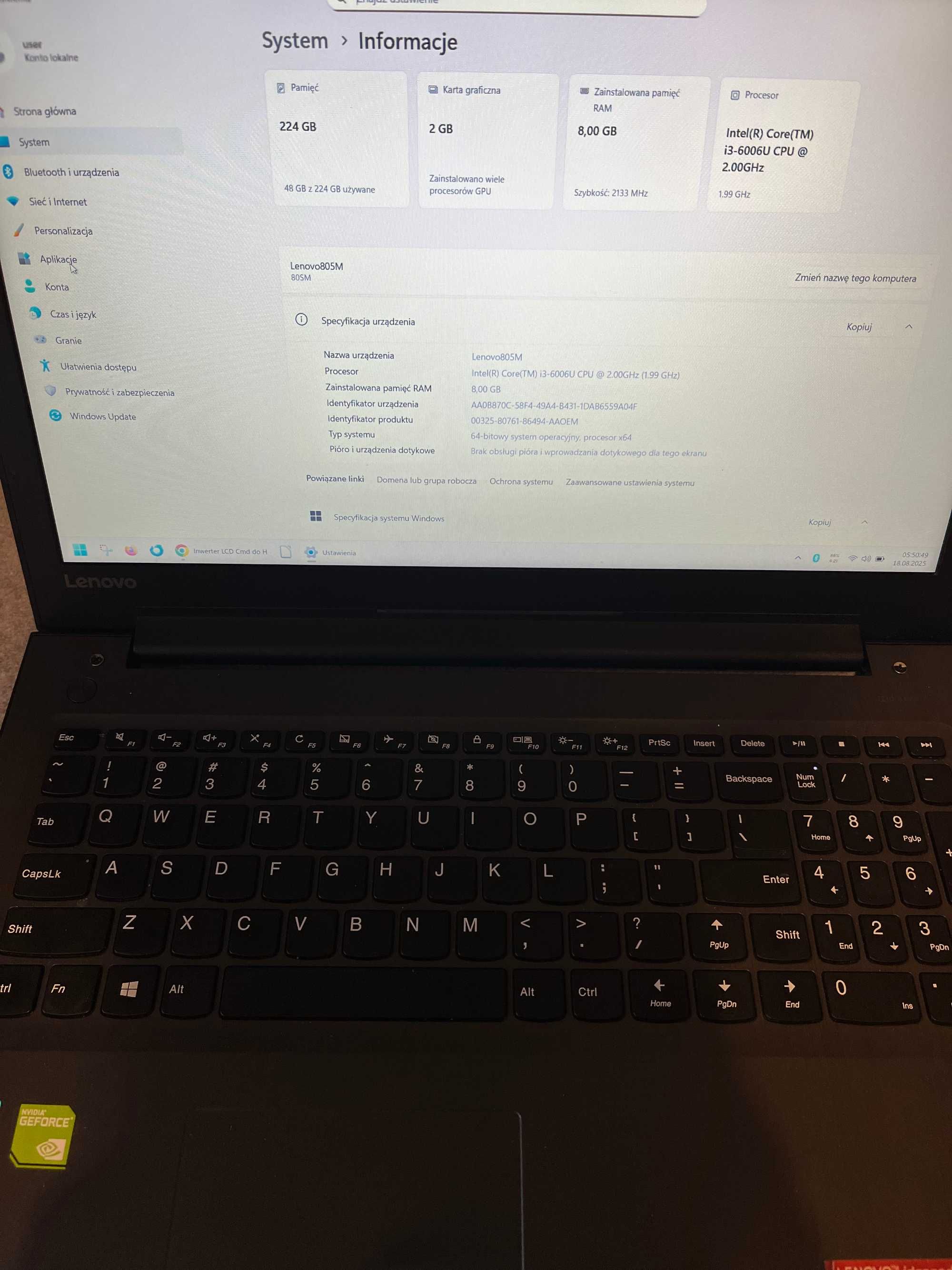 Lenovo ideapad 310-15ISK, I3-6006U, 8GB RAM, SSD 250GB, WIN11