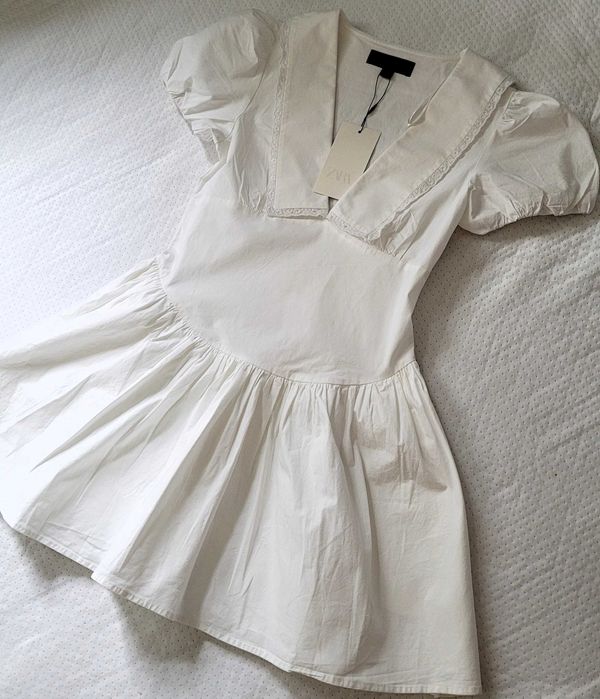 Mini krótka sukienka Zara biała S 36 nowa kołnierzyk bebe hafty