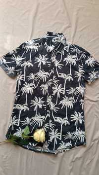 Męska koszula elegancka na lato w palmy bawełniana czarna koszula