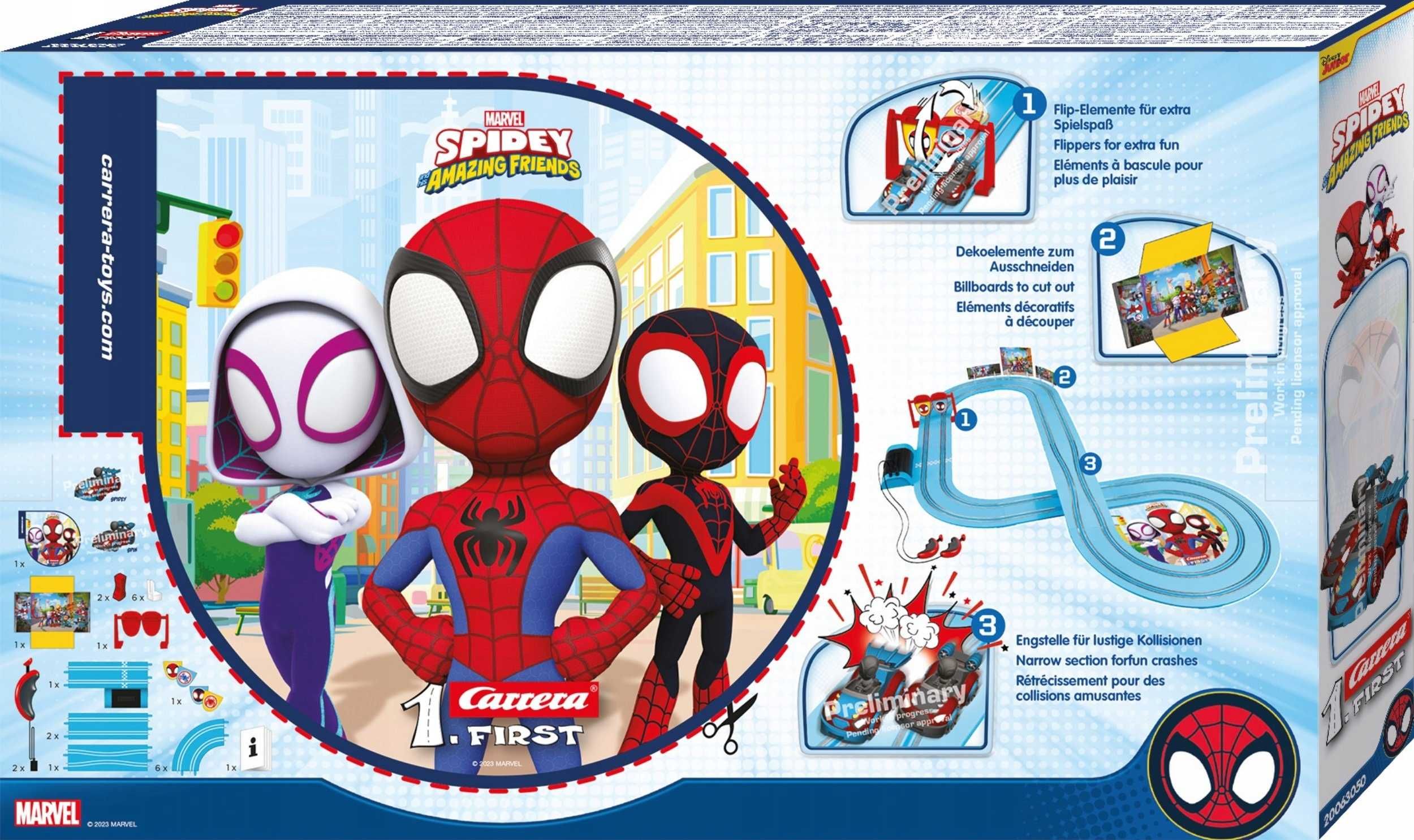 CARRERA 1 First TOR WYŚCIGOWY Spidey Go Webs Go 2,9 m 2 samochodziki