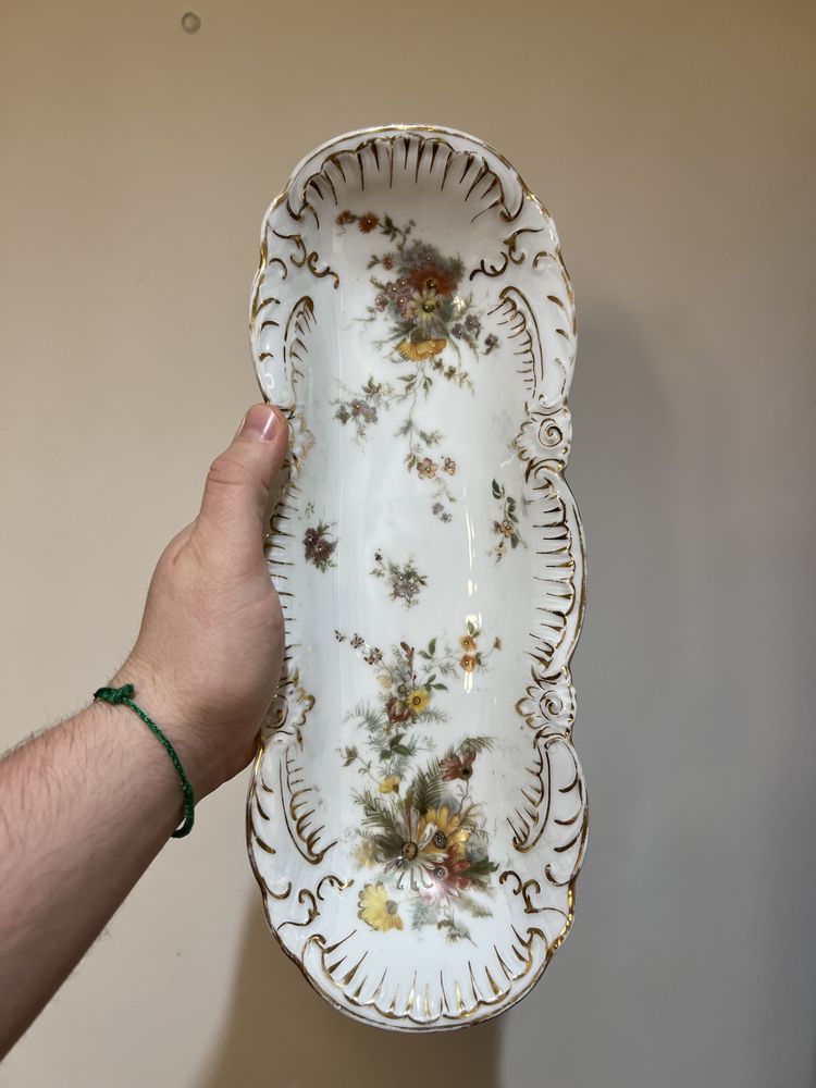 Podłużna porcelanowa miska secesja xix wiek recznie malowana
