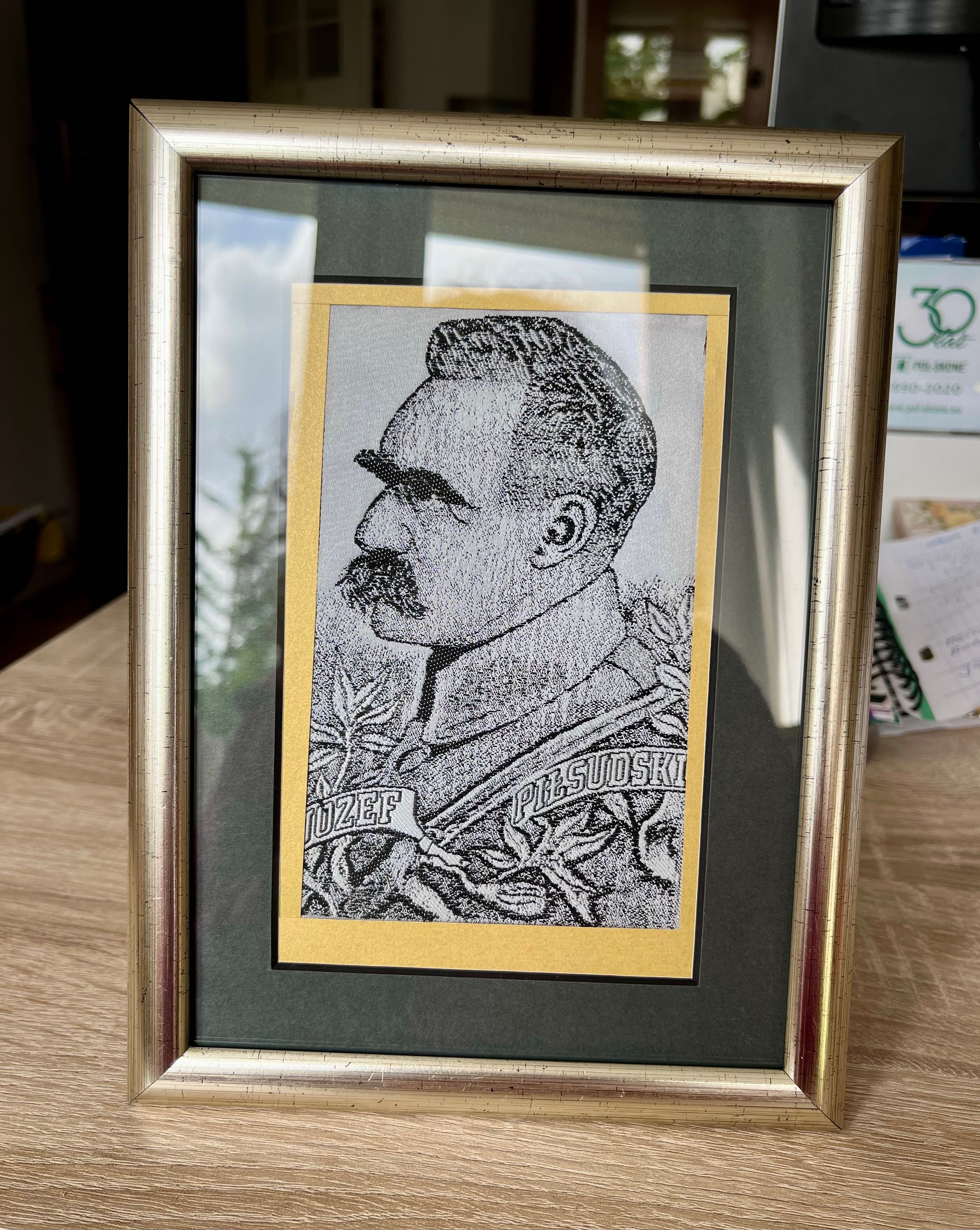 Stara żakardowa jedwabna tkanina przedwojenna marszałek Piłsudski
