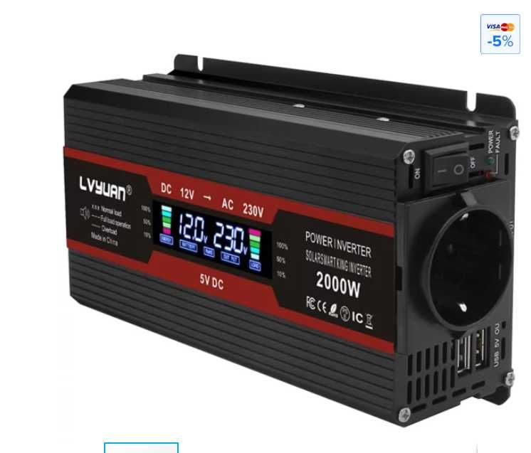 Інвертор Lvyuan SB-122 — 12 В → 230 В, 800–2000 Вт