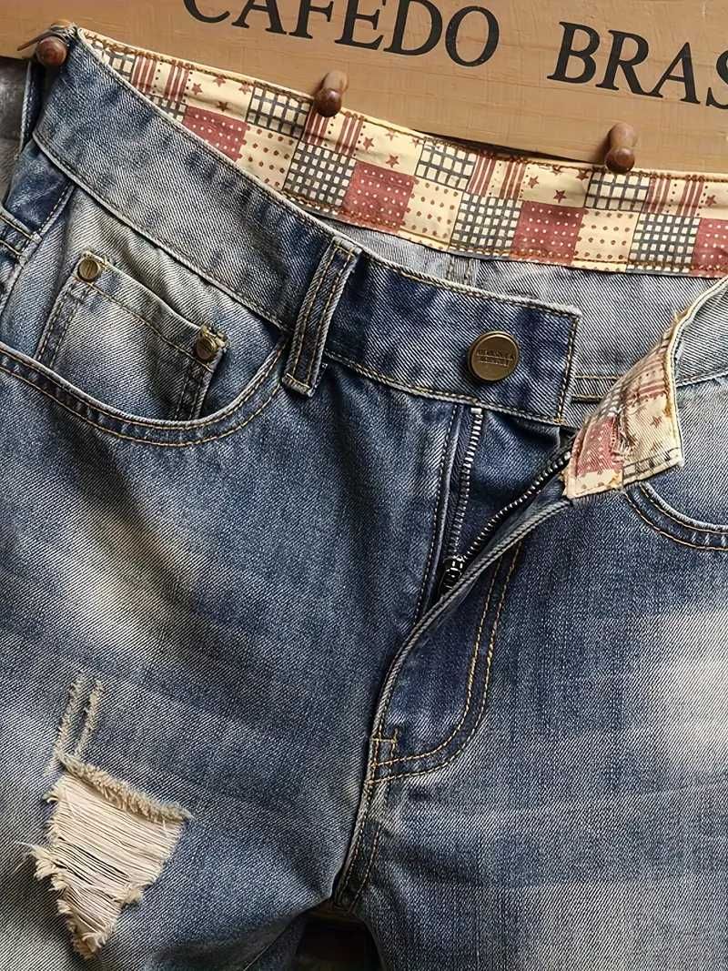 Dżinsy w stylu Vintage - Królewski Niebieski z Przetarciami L 52