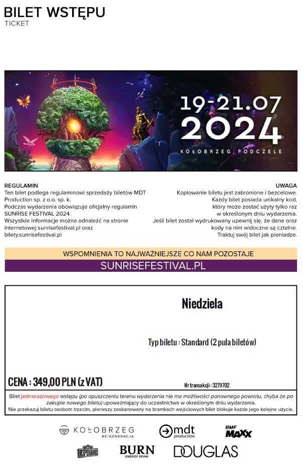 Sunrise Festiwal bilety niedziela