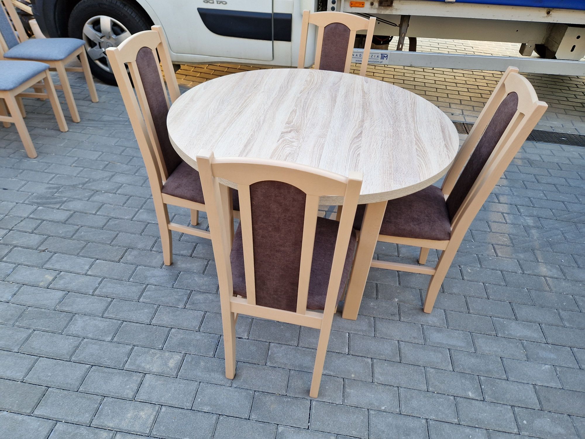 Nowe: Stół okrągły + 4 krzesła, sonoma + brąz, transport cała POLSKA