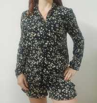 Czarna piżama w  kwiaty OYSHO 100% wiskozy długi rękaw krótki spodenki