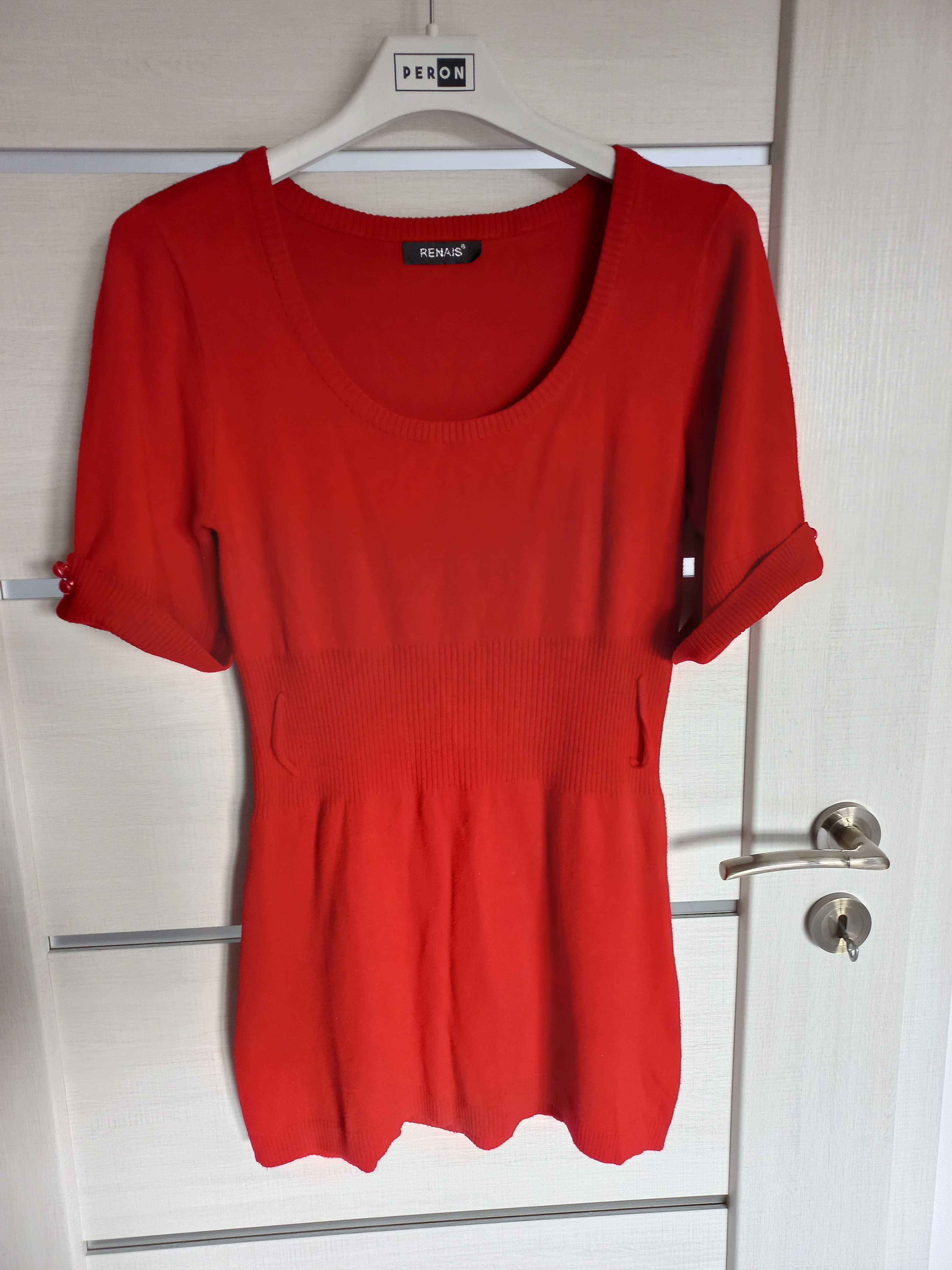 Sweterek S/M czerwony z krótkim rękawem tunika sukienka