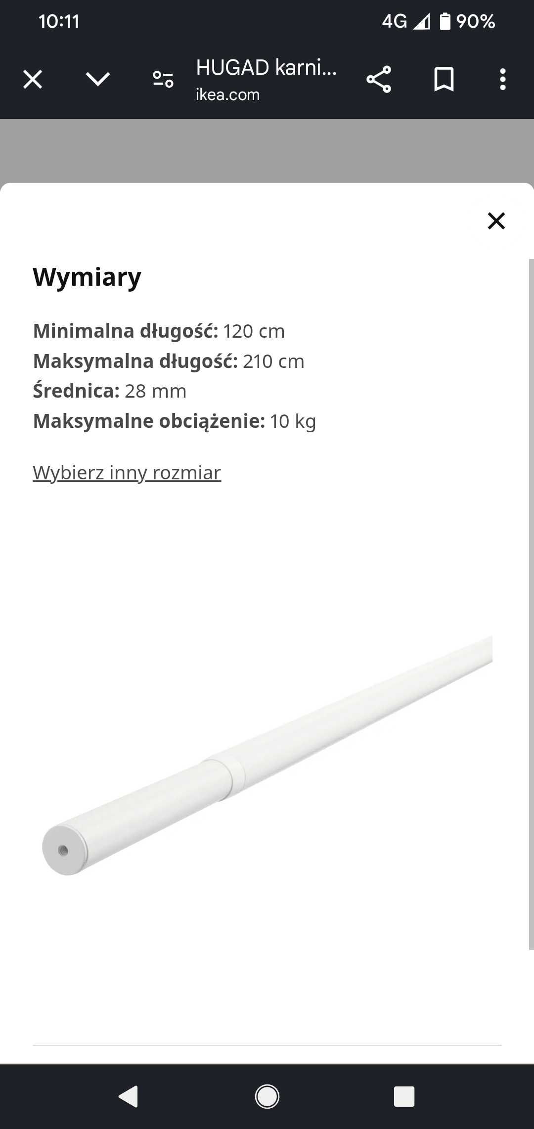 Karnisz Ikea hugad 120-210, komplet , 20 kółek z żabkami