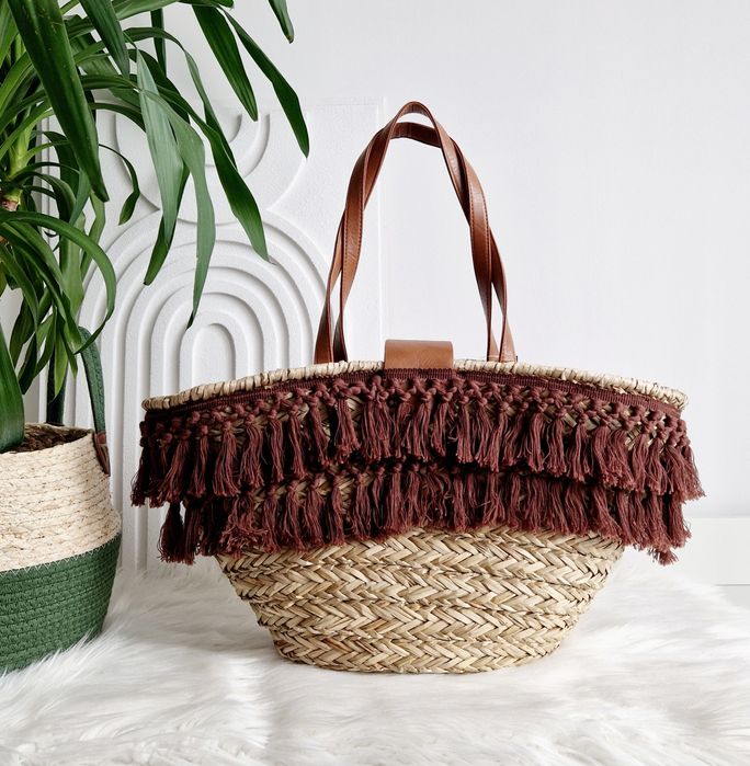 Piękny duży NOWY kosz boho plażowy pleciony torba koszyk na plażę