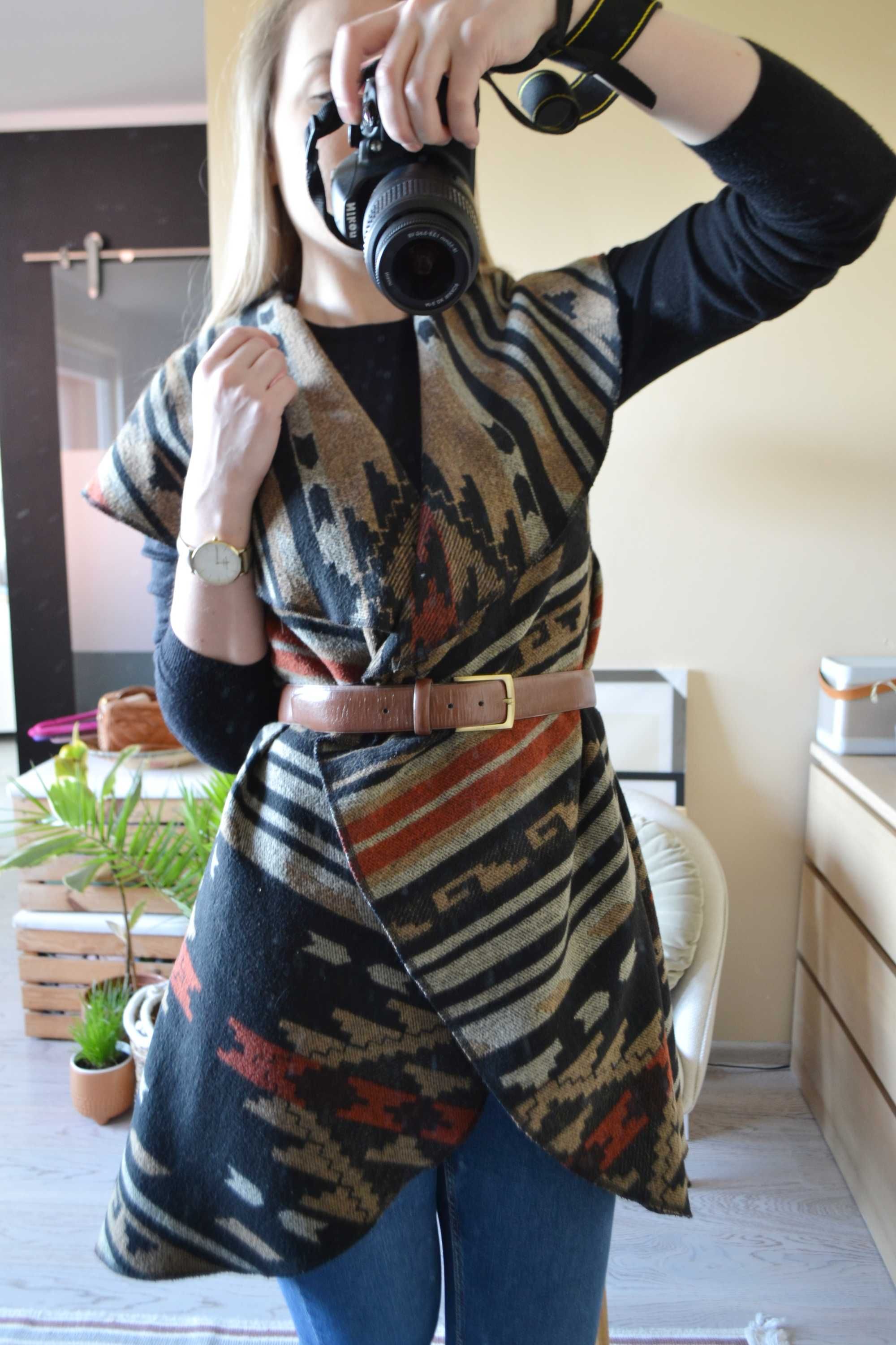 Ponczo poncho narzutka boho aztecka folk etno wełna New Look