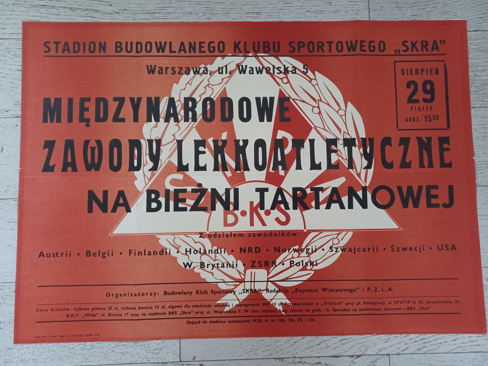 Stary plakat Międzynarodowe Zawody Lekkoatletyczne Skra 1