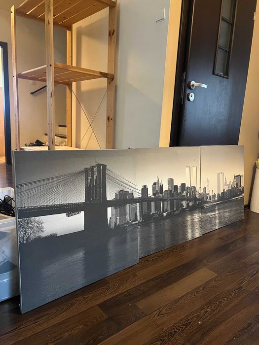 3 obrazy, druk na płótnie, panorama Nowego Jorku z Mostem Brooklińskim