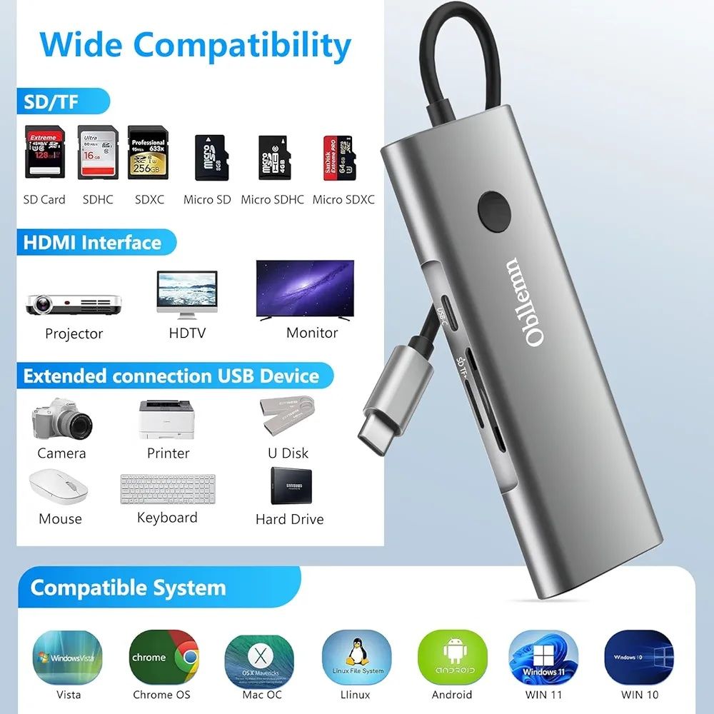 Adapter USB C Hub Multiport 9 w 1 USB 3.0 2x USB 2.0, 4K-60Hz PD SD TF
