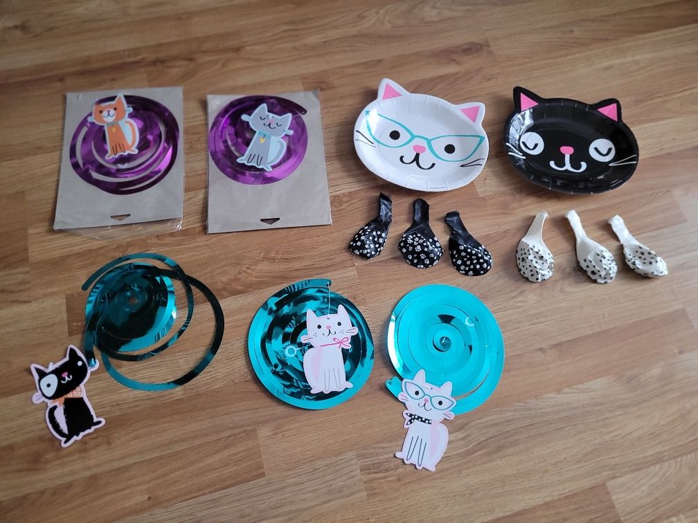 Dekoracje na urodziny, koty, kotki. balony, talerzyki, foremki