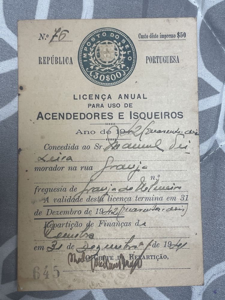 Licença anual para uso de acendedores de isqueiros 1942