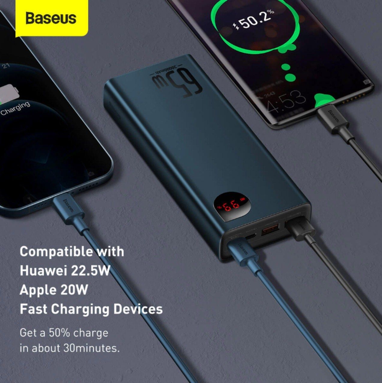 Портативный аккумулятор зарядное устройство Baseus 65 w PD QC