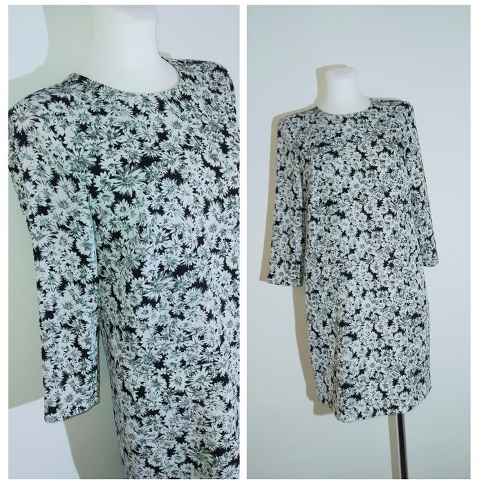 Sukienka prosta kwiaty biała czarna rękaw 3/4 38 M elegancka