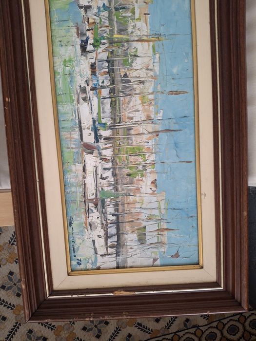 Linda pintura oleo sobre platex 1970 assinada barcos marinha
