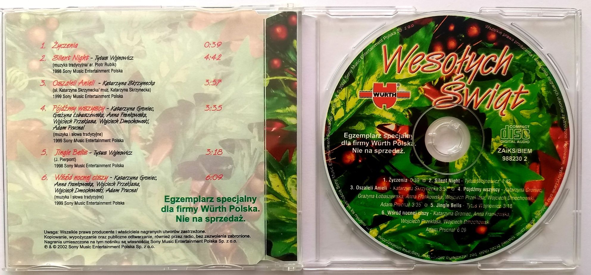 Wurth Wesołych Świąt 2002r Promo CD Tytus Wojnowicz Katarzyna Groniec