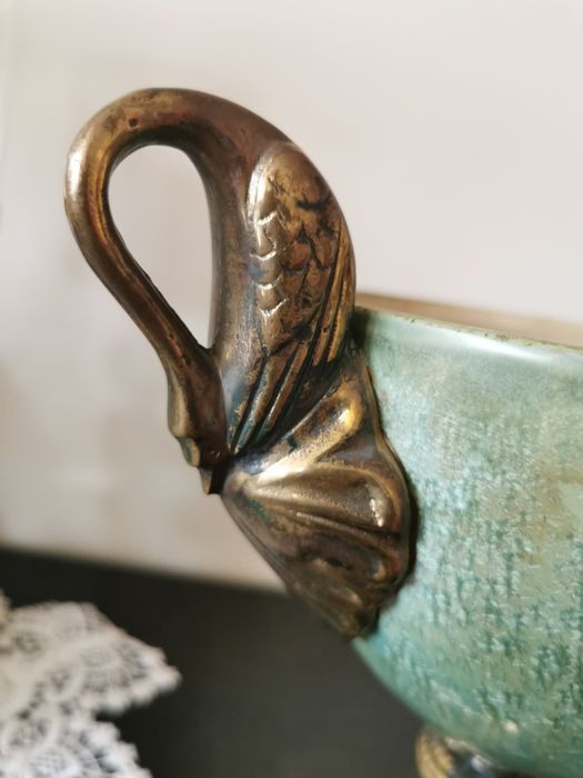 Zielona Żardiniera - patera okucia mosiężne wysokość 27 cm.