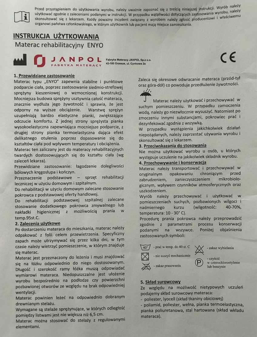 Materac piankowy Janpol ENYO 140x200 – twardy, ortopedyczny, jak nowy!