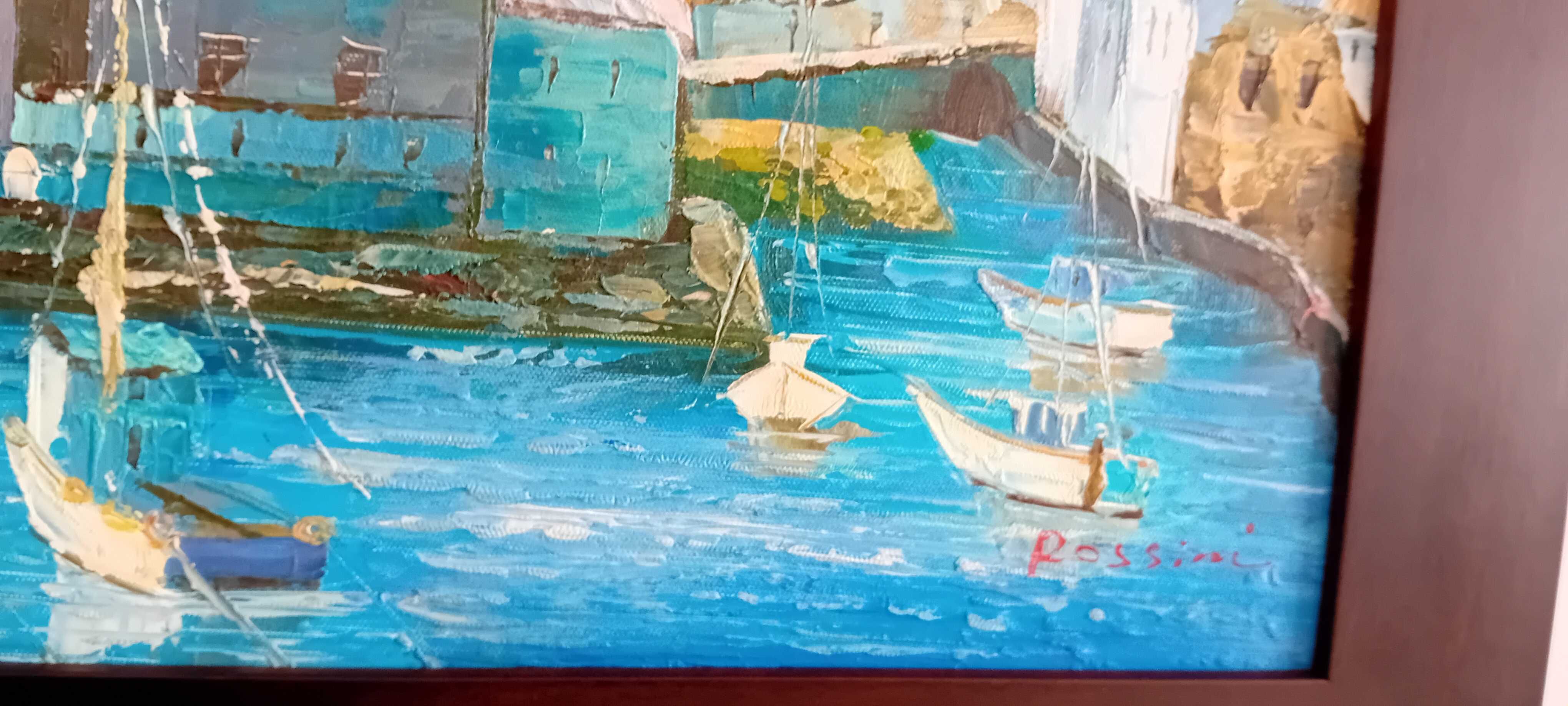 Pintura a óleo do sec.XX Cornish Harbour assinada Rossini
