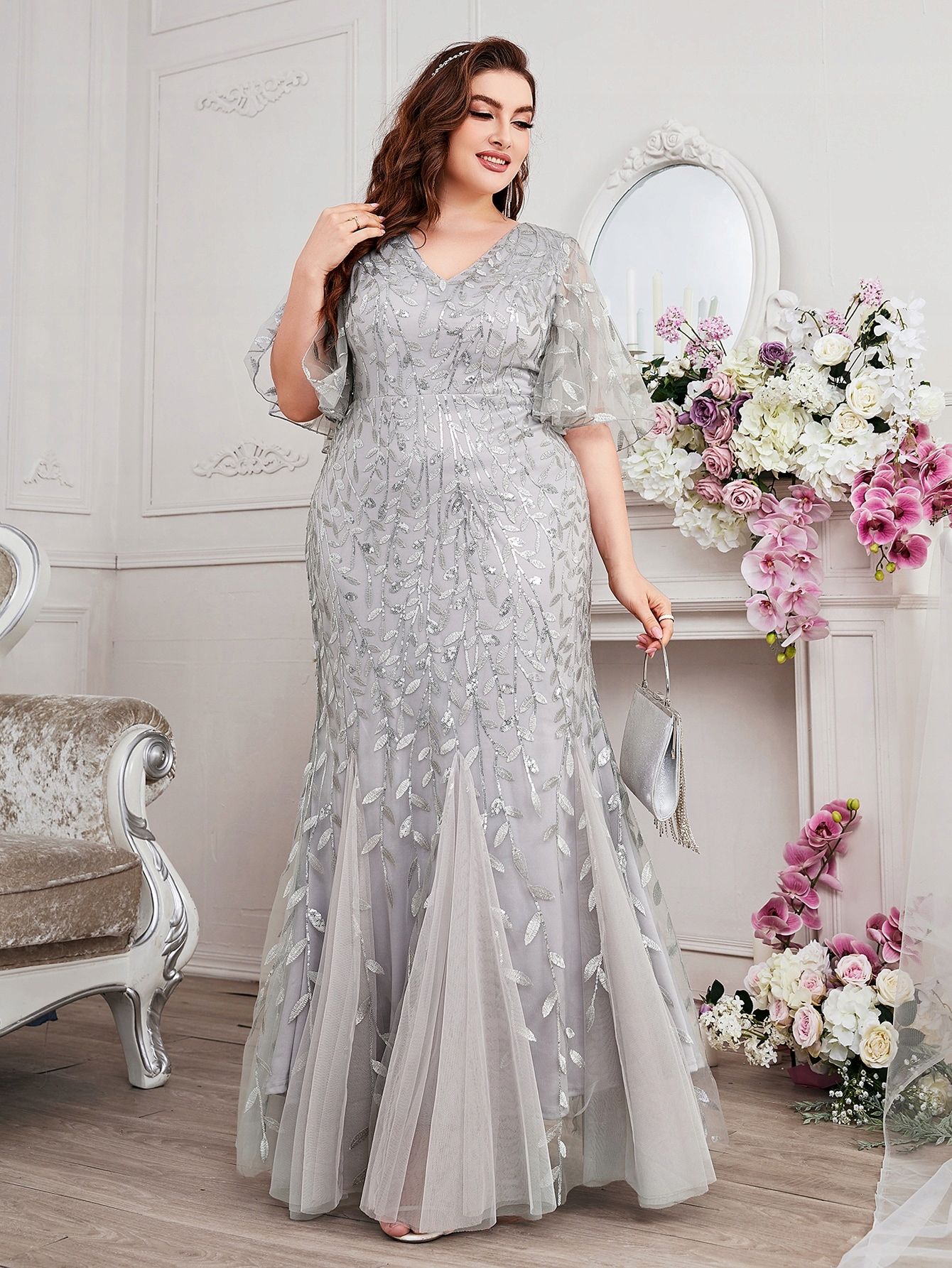 Sukienka Cekinowa Syrena W Roślinny Wzór Maxi Szara Shein 2Xl
