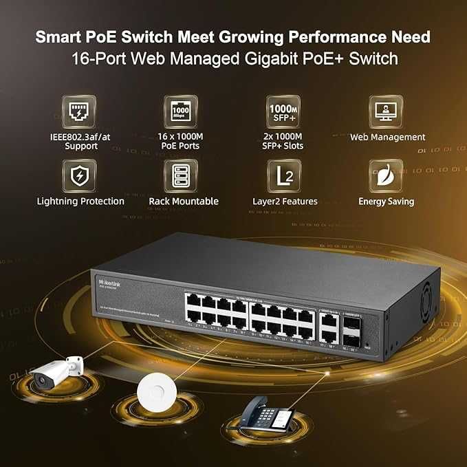 MokerLink 16-portowy gigabitowy przełącznik PoE,16x100/1000Mbps PoE+