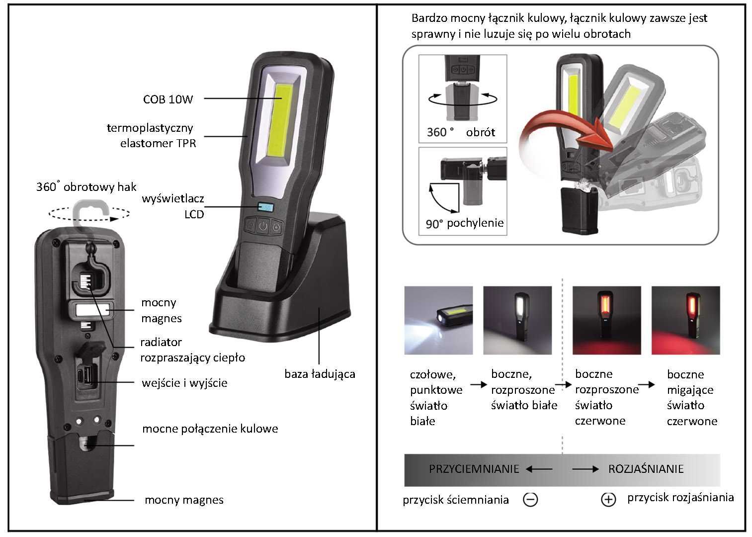 Lampa Robocza 550 lm + 250 lm, 2000 mAh Z BAZĄ