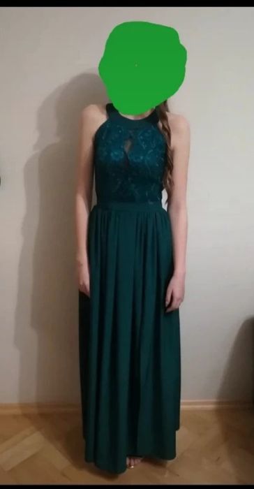 Sukienka długa XS 34 ciemna zieleń z rozcięciem