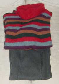 Conjunto p/ menina 12/14 Anos: Camisolão lã às riscas e calças azuis