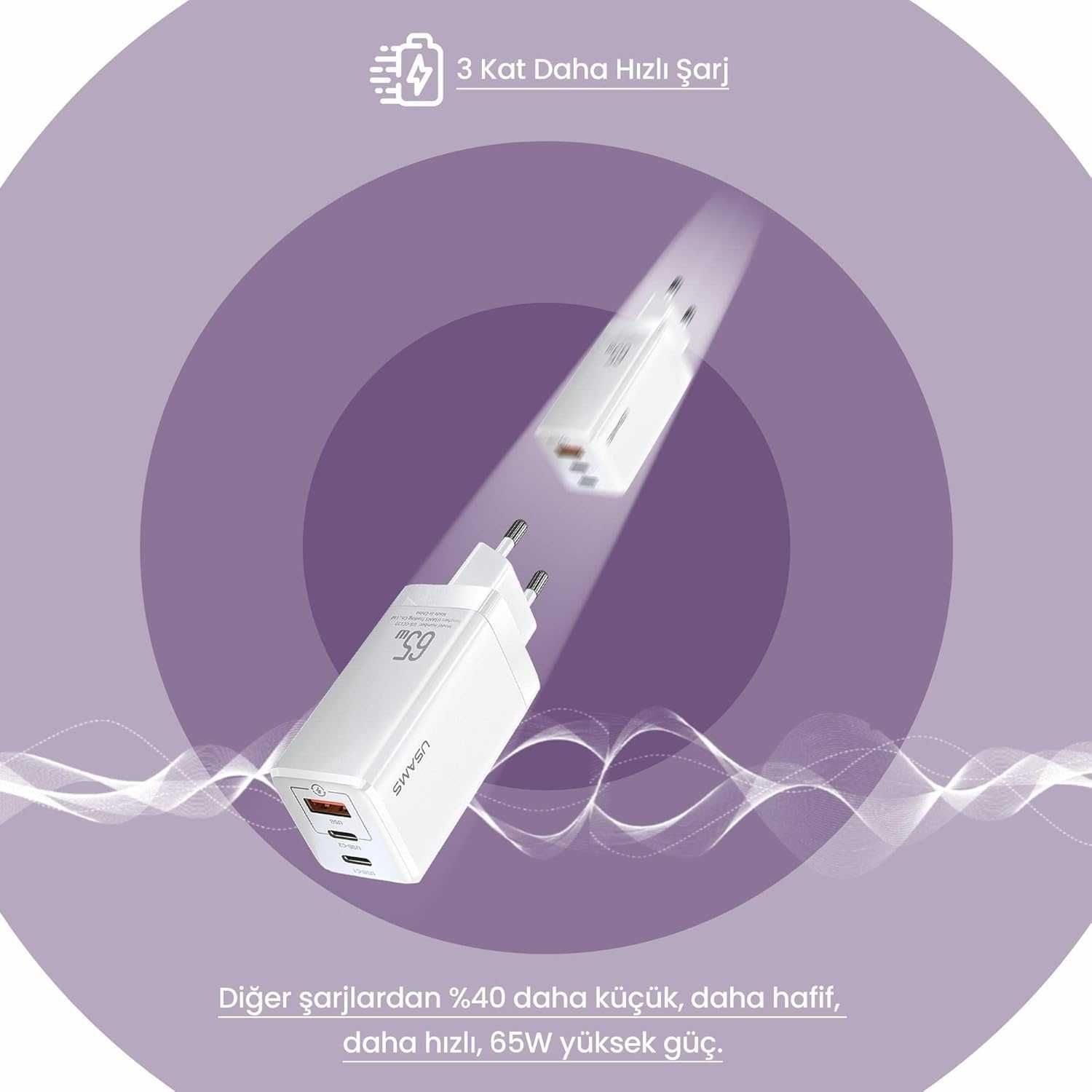 Зарядний пристрій USAMS US-CC110 1USB/2Type-C,QC/PD, 65 W Німеччина
