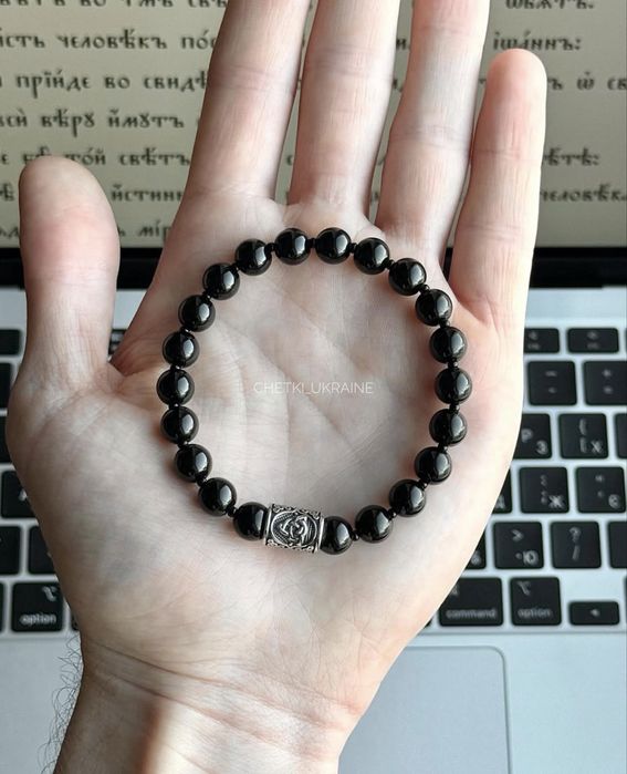 Чотки з каменю 8мм на руку Четки на руку мужской браслет черный сталь