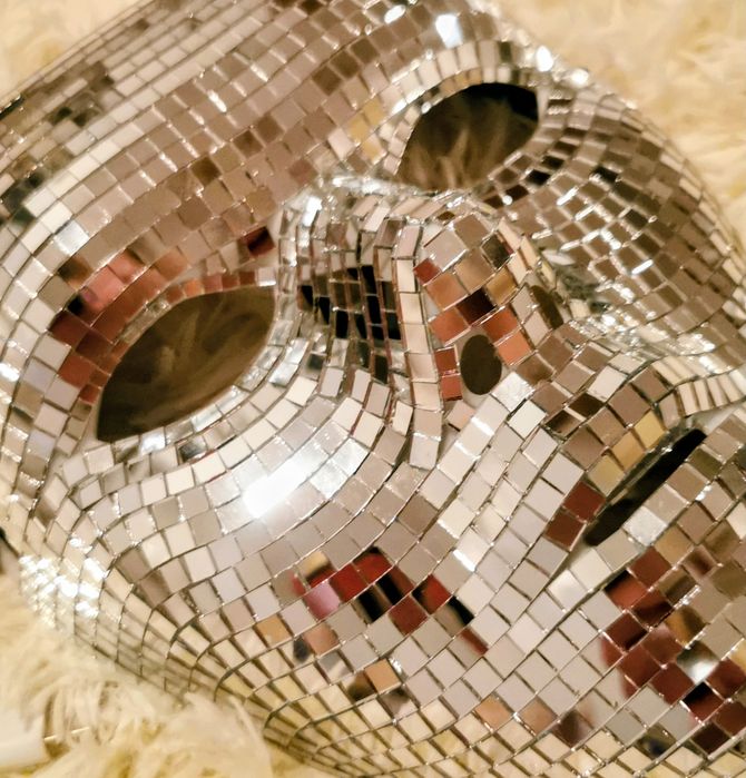 Maska Disco Lustrzana, srebrna, pełnotwarzowa. Halloween, karnawał