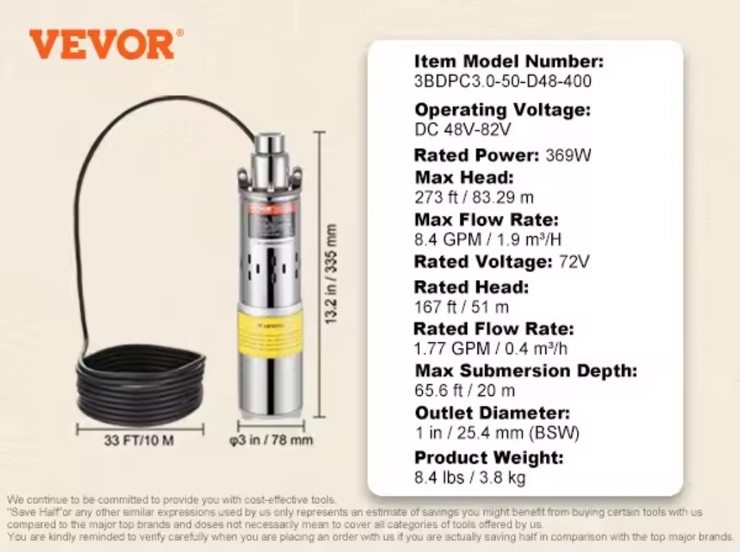Bomba de Agua Submersível Solar 48V 369W 1900L/H