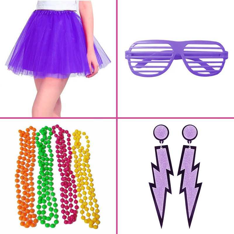 Strój zestaw lata 80 retro spódniczka getry kolczyki korale okulary