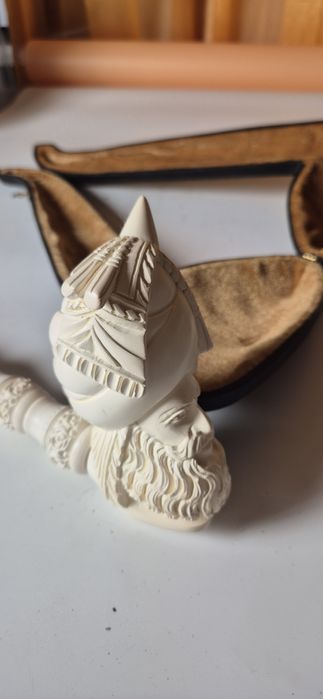 Piękna stara olbrzymia fajka z pianki morskiej sepolit w etui 34 cm