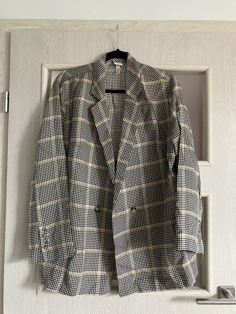 marynarka w krstke h&m szara żółta
