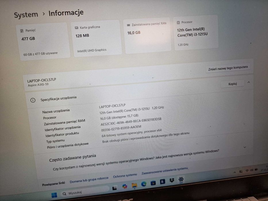 Acer Aspire 3 A315-59/ i3-1215U/ 16GB/ 512GB/ czytaj uważnie opis