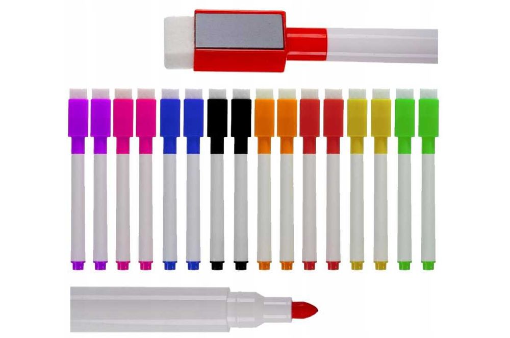 PISAKI MARKERY SUCHOŚCIERALNE Zmywalne do tablic Zestaw 16 szt Kolory