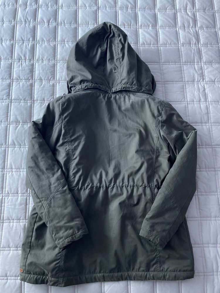 Zielona khaki parka kurtka płaszcz z kapturem i futerkiem w środku H&M