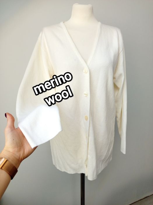 Wełniany sweter damski biały kardigan M L ciepły zimowy merino