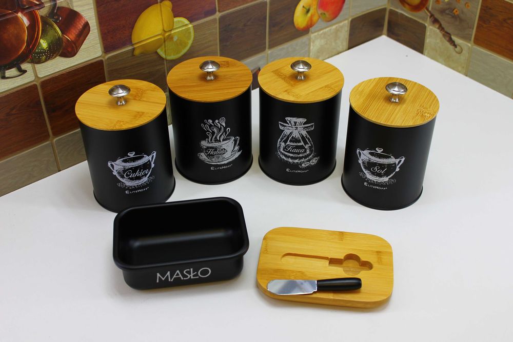 Pojemniki czarne puszki Kawa Herbata Cukier Sól z Maselniczką E6055