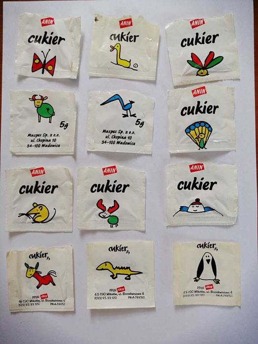 Opakowania po cukrze marki Anin. Bardzo duża kolekcja z rysunkami.