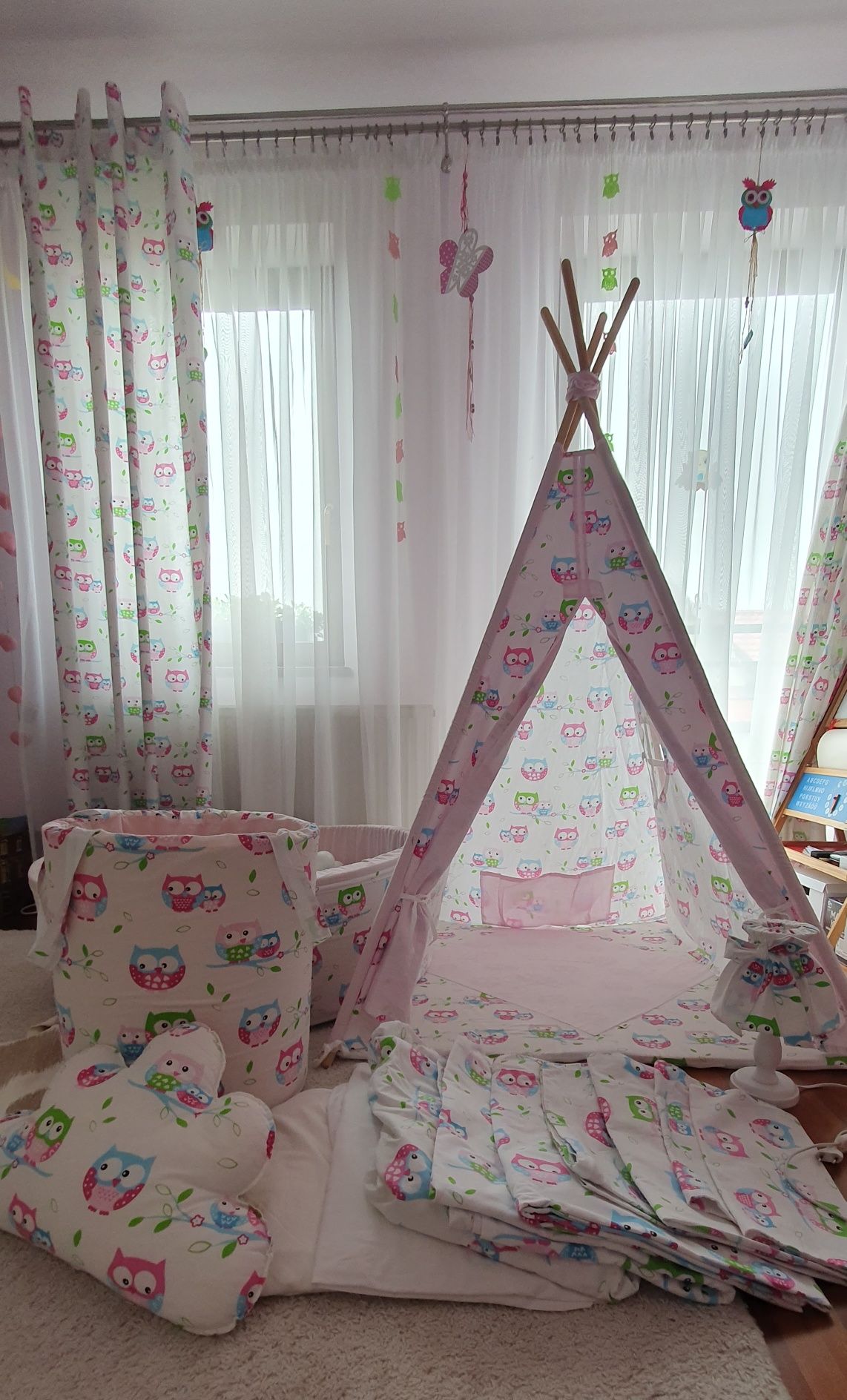 Basen z kulkami, tipi, zasłony, pościel,lampy - wzór sówki